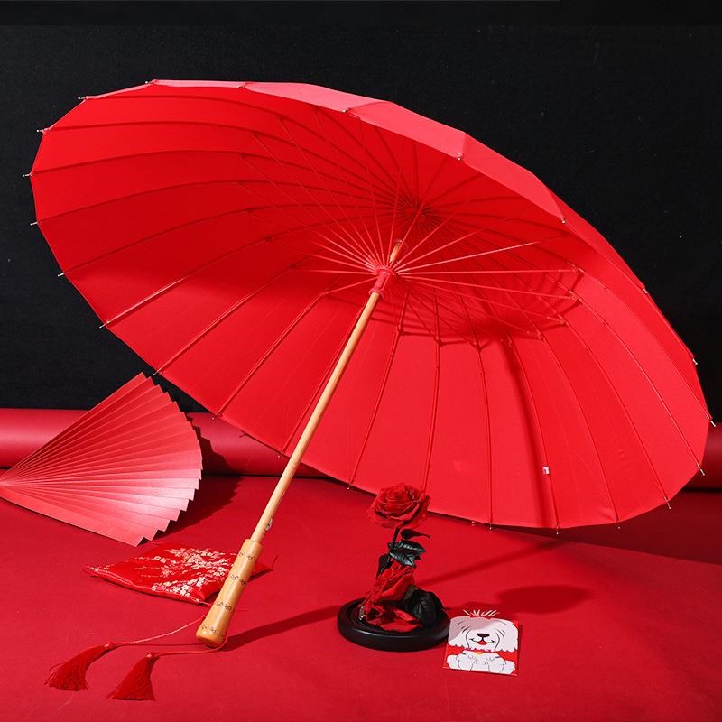 出嫁新娘实木碰击布红伞大红色长柄结婚雨伞礼中式24骨红色喜婚伞