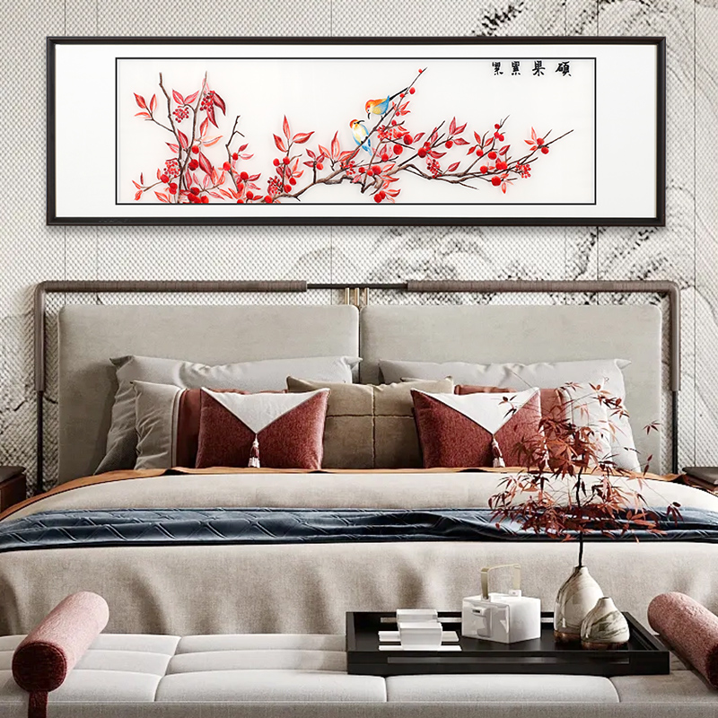新中式卧室床头刺绣装饰画背景墙壁画简约大气客厅餐厅苏绣挂画图片