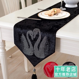 欧式 高档奢华天鹅烫钻床旗桌布黑红色结婚礼喜庆 餐桌桌旗茶几布