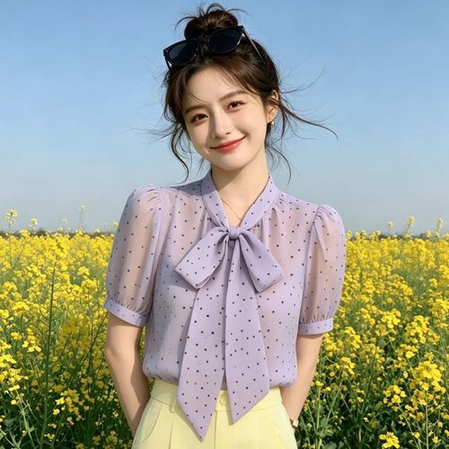 法式浪漫香芋紫短袖衬衫女2026夏季新款蝴蝶结飘带雪纺波点衬衣