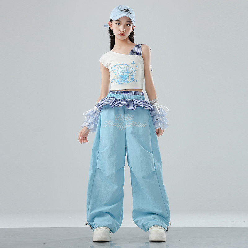 女童甜酷风爵士舞服蓝色露脐套装
