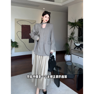 昕羽垚STUDIO ins韩版气质西装外套时尚设计感吊带连衣裙子两件套