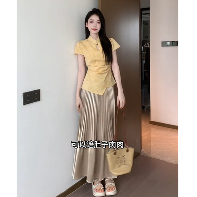 JIAHUI STUDIO 国风新中式女套装洋气改良旗袍上衣缎面百褶半身裙