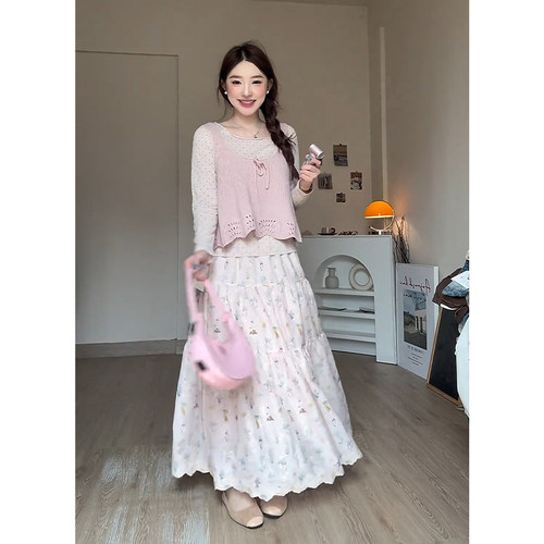 春款韩系波点马甲碎花半裙套装