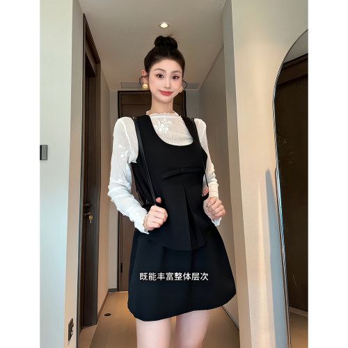 拾光里STUDIO 韩系甜美蝴蝶结马甲蕾丝打底衫显瘦马甲百搭半身裙