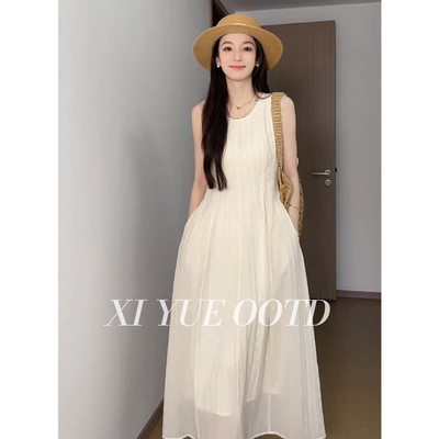 简约风时尚百搭纯色提花肌理感法式气质收腰显瘦背心长款连衣裙