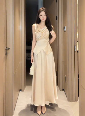向晚意STUDIO 法式缎面无袖上衣显瘦女春夏季新款高腰长款半身裙