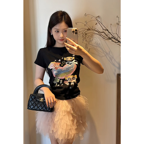 Wannvy up2026夏季新款夏季高弹力短袖T恤甜美减龄粉色半身裙套装