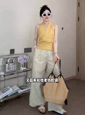 JIAHUI STUDIO 夏季女装老钱风韩系设计感挂脖背心宽松条纹阔腿裤