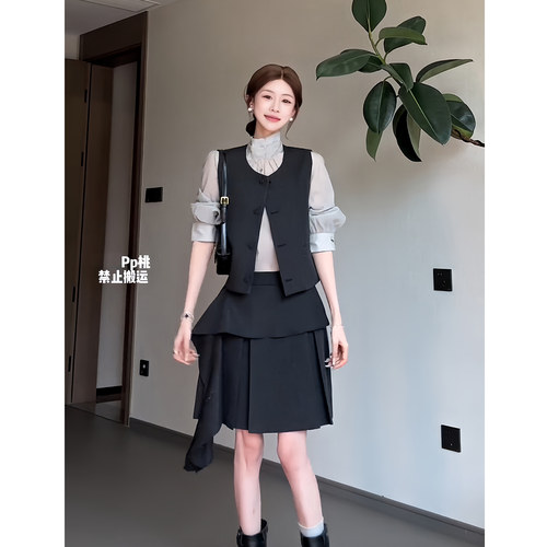 昕羽垚STUDIO 设计感学院风马甲气质长袖衬衫显瘦褶皱半身裙套装