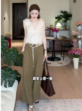 向晚意 STUDIO 女装时尚仙气荷叶边上衣高腰简约阔腿休闲裤两件套
