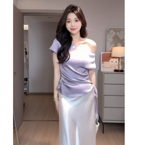 缎面斜肩小衫收腰肌理感气