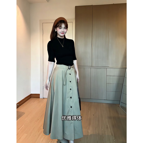 昕羽垚STUDIO 简约气质针织衫修身显瘦上衣女别致高腰半身裙套装