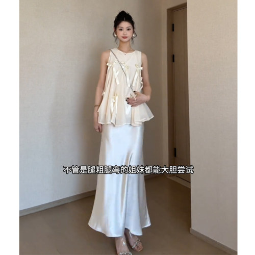 JIAHUI STUDIO 甜美套装女蝴蝶结背心上衣高级感缎面半身裙两件套