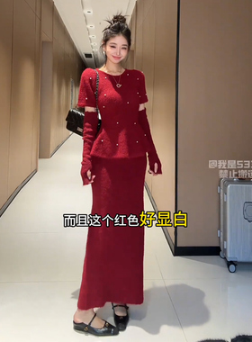 向晚意 STUDIO 氛围感荷叶边袖套毛衣女2025冬高腰针织半身裙套装