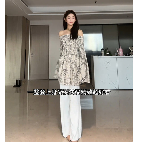 向晚意 STUDIO 慵懒韩系高级感一字领长袖松紧腰休闲裤女穿搭套装