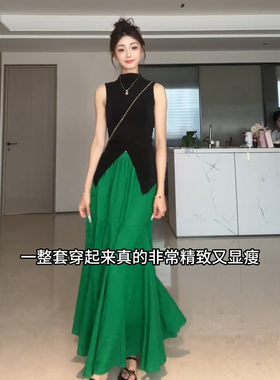 向晚意 STUDIO 气质韩系穿搭无袖开叉上衣通勤绿色半身裙两件套装