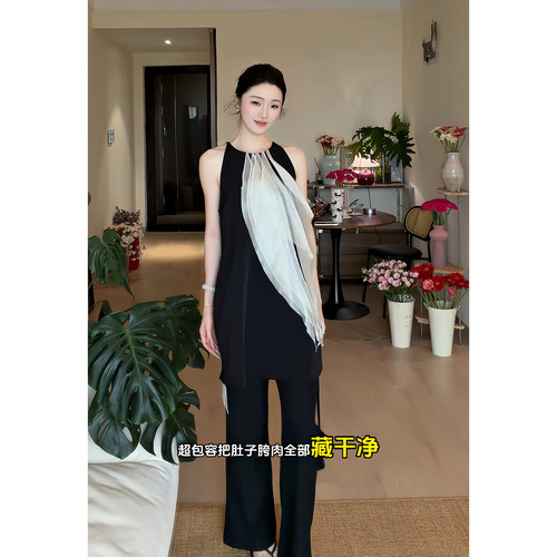 Wannvy up 洋气设计感拼接时尚气质无袖连衣裙女黑色显瘦休闲长裤