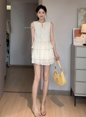 向晚意 STUDIO 女装韩版显瘦甜美无袖背心上衣压褶蛋糕短裙两件套