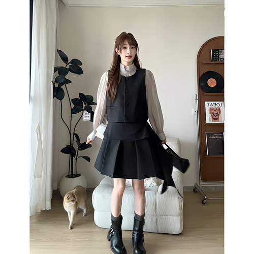 昕羽垚STUDIO 学院风气质减龄马甲长袖衬衫显瘦褶皱半身裙套装女