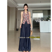 甜辣酷飒洋气牛仔蓝阔腿裤 JIAHUI STUDIO 女夏撞色格纹背心两件套