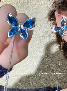 冰晶蝴蝶~蓝色皓石耳骨夹无耳洞复古法式轻奢高级感小众耳饰新款