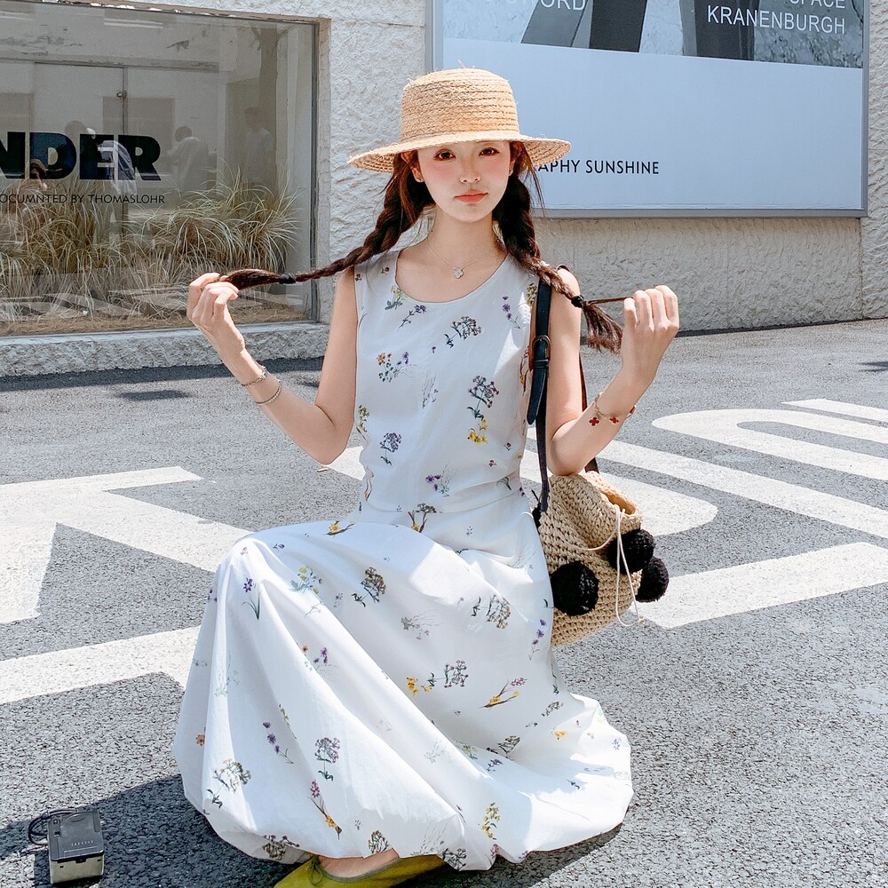 时尚设计感宽松显瘦圆领碎花无袖连衣裙夏季新款百搭减龄休闲长裙,女装连衣裙,2C309