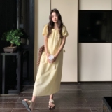 韩系泡泡袖别致圆领高级感A字裙宽松显瘦黄色连衣裙女夏季新款，女装连衣裙，2C309