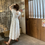 2025夏新款气质方领泡泡袖碎花连衣裙女短袖海边度假沙滩裙长裙，女装连衣裙，2C309