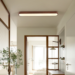 中古风一字长条走廊灯过道灯复古胡桃木色全光谱玄关走廊吸顶灯