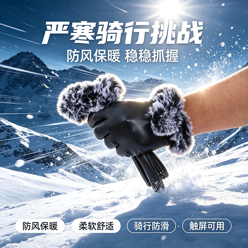 女士黑皮加绒保暖触屏骑行手套