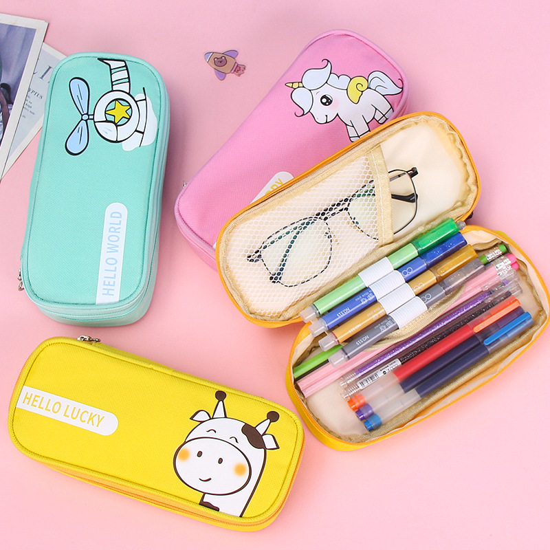新款卡通笔袋网纱隔层大容量文具盒简约铅笔袋学生收纳包