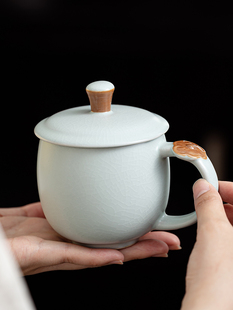 盈匠徐宝苗汝窑茶杯陶瓷办公杯大容量泡茶杯带耳个人专用礼盒装