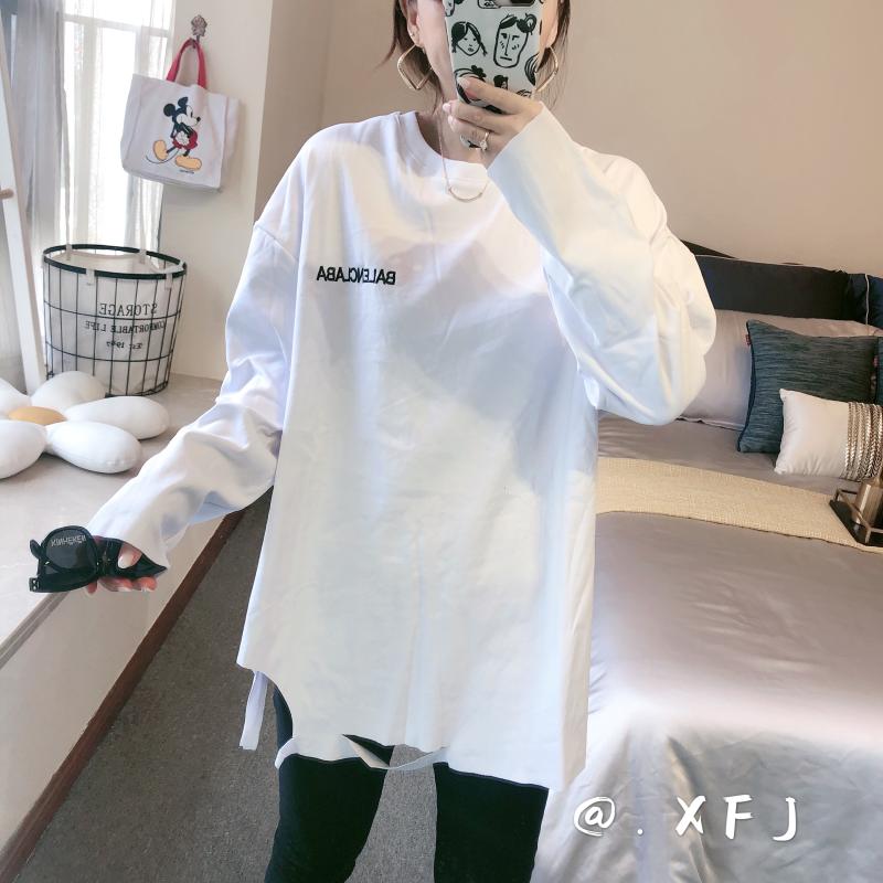 不规则破洞打底衫21秋冬加绒加厚中长款白色上衣字母刺绣长袖T恤