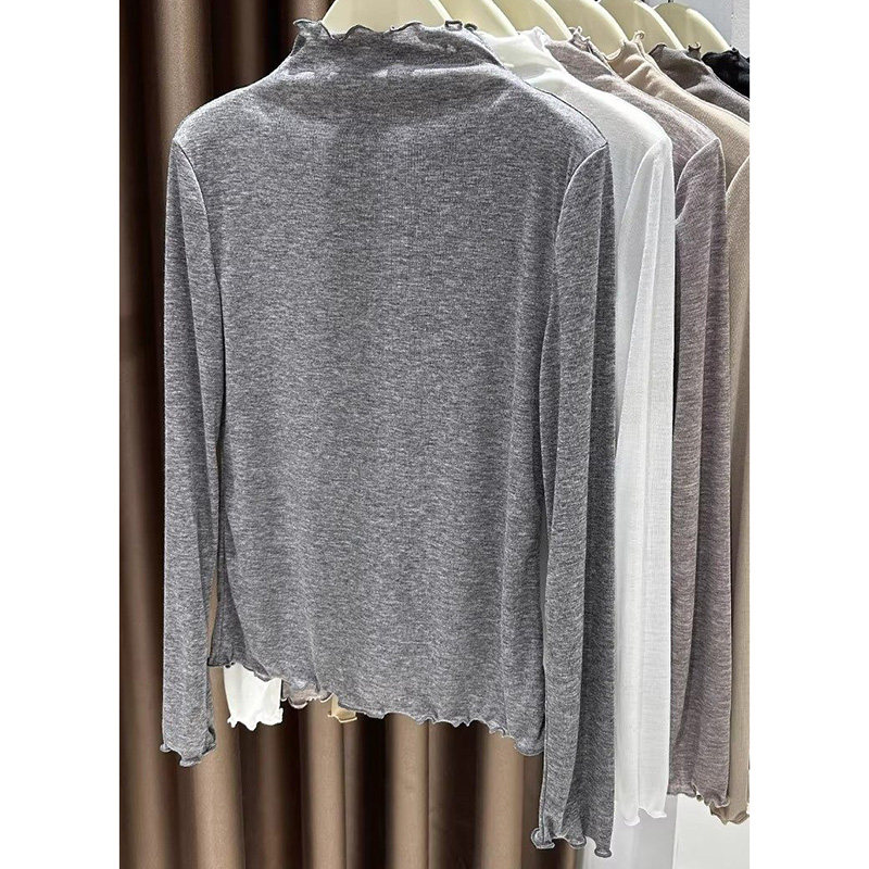 半高领木耳花边长袖T恤女秋冬螺纹针织内搭打底衫春薄款上衣体恤,女装/女士精品,大码内搭,淘宝优惠券,粉丝福利购,淘宝优惠卷