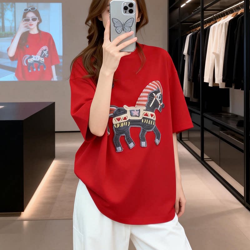 韩版时尚设计感T恤女春夏宽松显瘦红色小马刺绣简约短袖上衣体恤