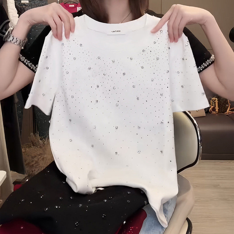 韩版钉珠烫钻短袖t恤女正肩小个子亮钻宽松显瘦休闲打底衫上衣潮,女装/女士精品,大码内搭,淘宝优惠券,粉丝福利购,淘宝优惠卷