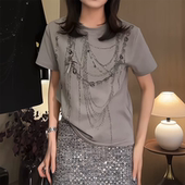 重工钉珠时尚 上衣 宽松显瘦打底衫 百搭显瘦字母印花短袖 T恤女修身