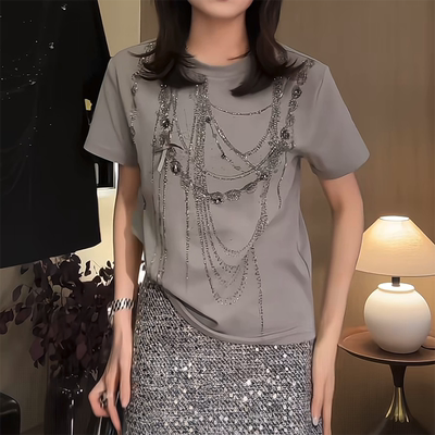 高级感钉珠钻小众设计感圆领上衣