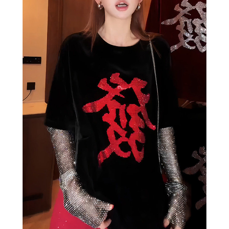 韩版街头风丝绒正反两穿亮钻长袖T恤女欧洲站美式宽松拼接上衣潮,女装/女士精品,大码内搭,淘宝优惠券,粉丝福利购,淘宝优惠卷