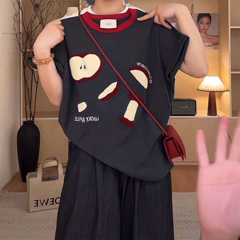 设计感短袖T恤女夏小众苹果印花