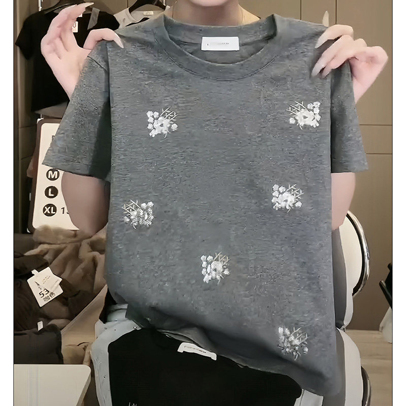 设计感植物花卉刺绣短袖T恤女春夏短款宽松内搭正肩打底衫潮上衣,女装/女士精品,大码内搭,淘宝优惠券,粉丝福利购,淘宝优惠卷