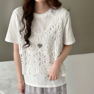 休闲风钩花镂空蕾丝背心女短袖 T恤宽松百搭两件套叠穿上衣内搭