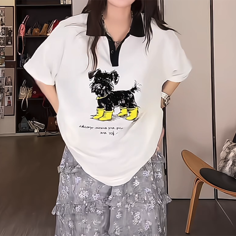 oversize慵懒风松驰感T恤女美式潮流卡通印花半截袖圆领上衣显瘦