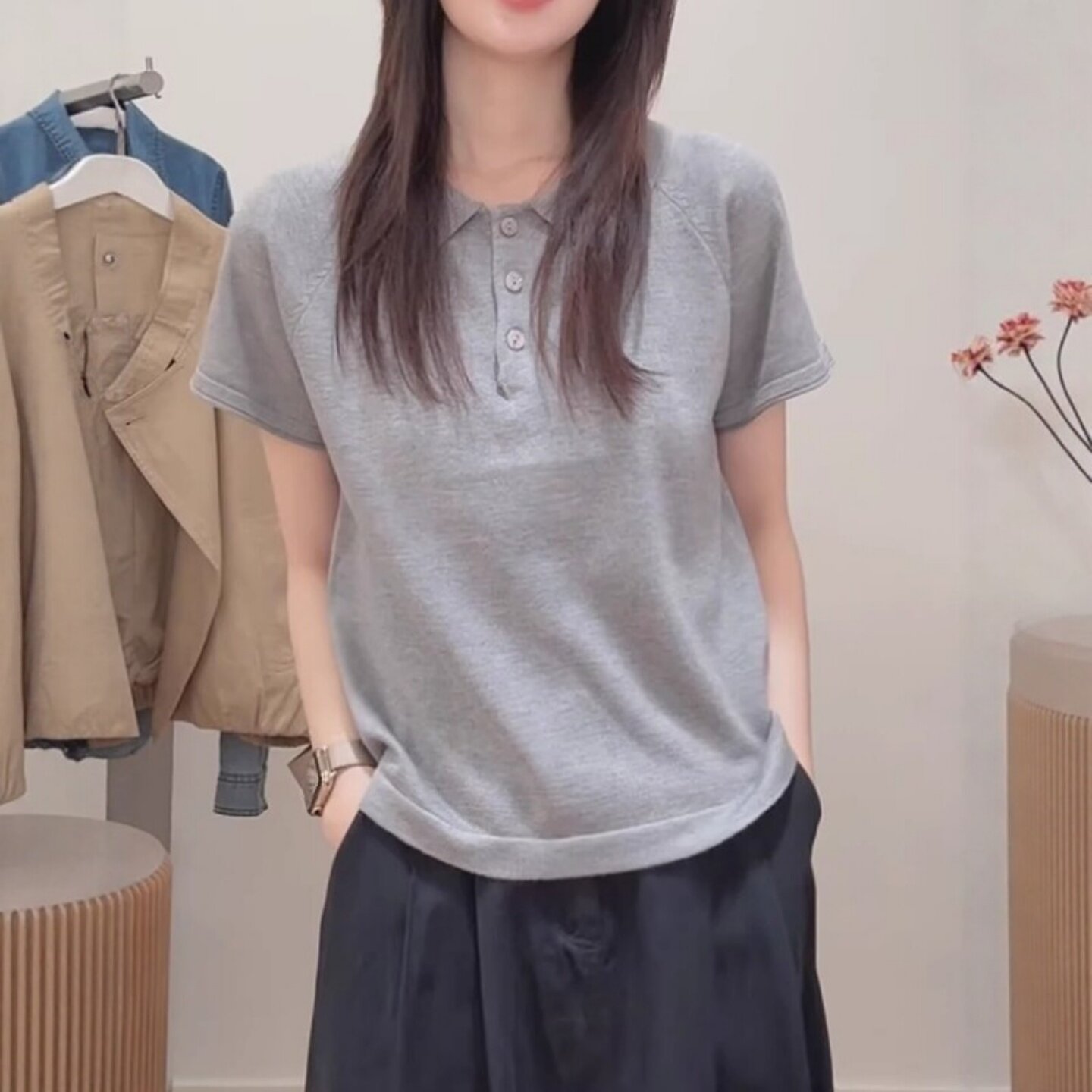 翻领短袖针织衫女大码胖MM韩系百搭纯色t恤上衣休闲POLO领纽扣衫