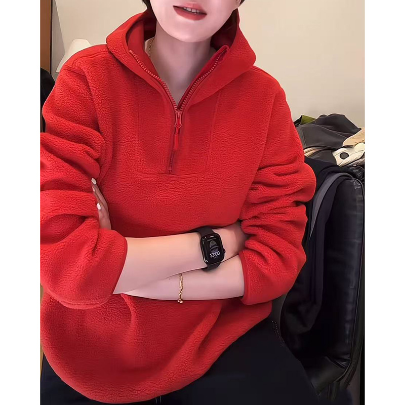 秋冬拼接半拉链红色连帽卫衣女