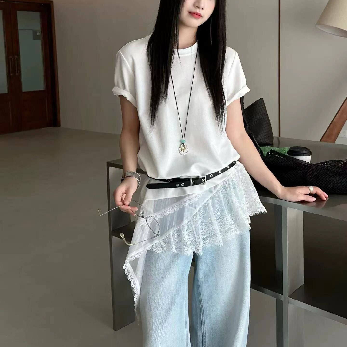 韩版时尚短袖T恤女蕾丝拼接下摆不规则配腰带体恤上衣宽松内搭潮