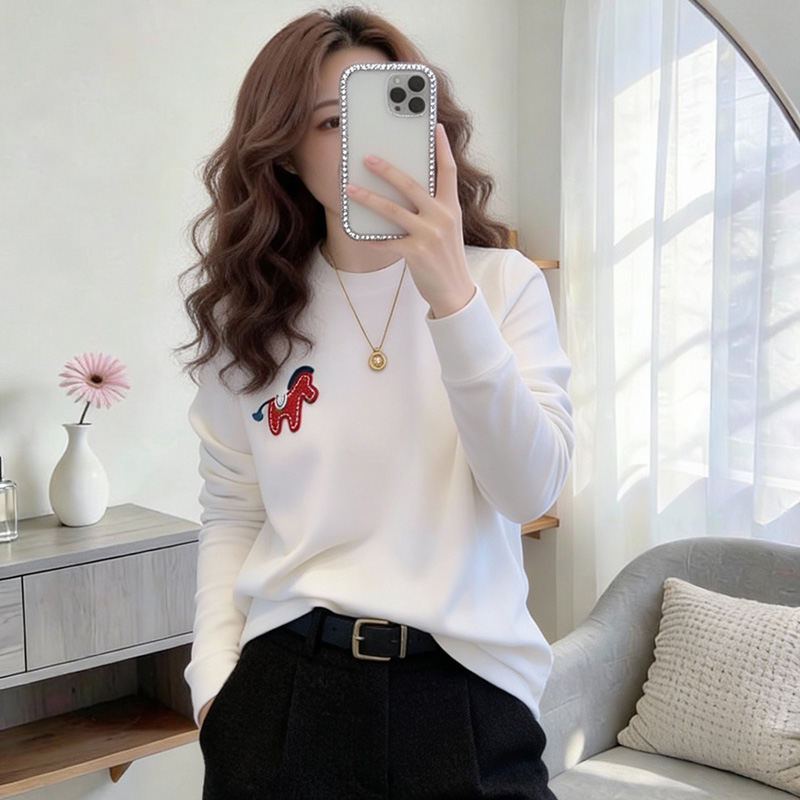 美式减龄白色长袖T恤女卡通刺绣