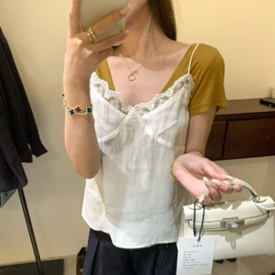 韩国苎麻白色蕾丝拼接吊带背心女外穿轻薄透气细肩带洋气内搭上衣