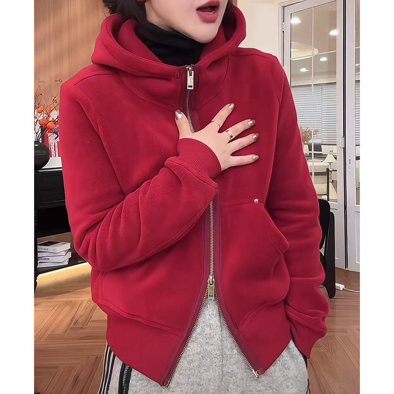 长袖红色连帽卫衣女设计感双拉链开衫小个子修身休闲百搭减龄外套